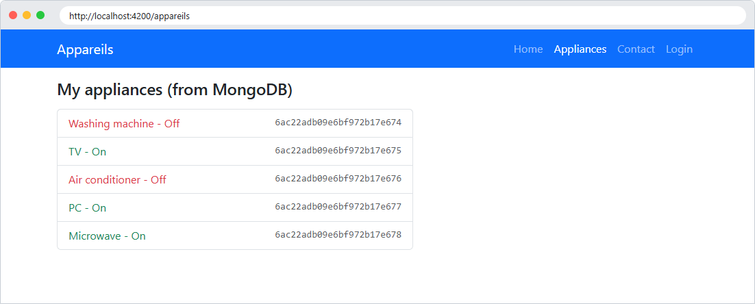 Appliances loaded from MongoDB