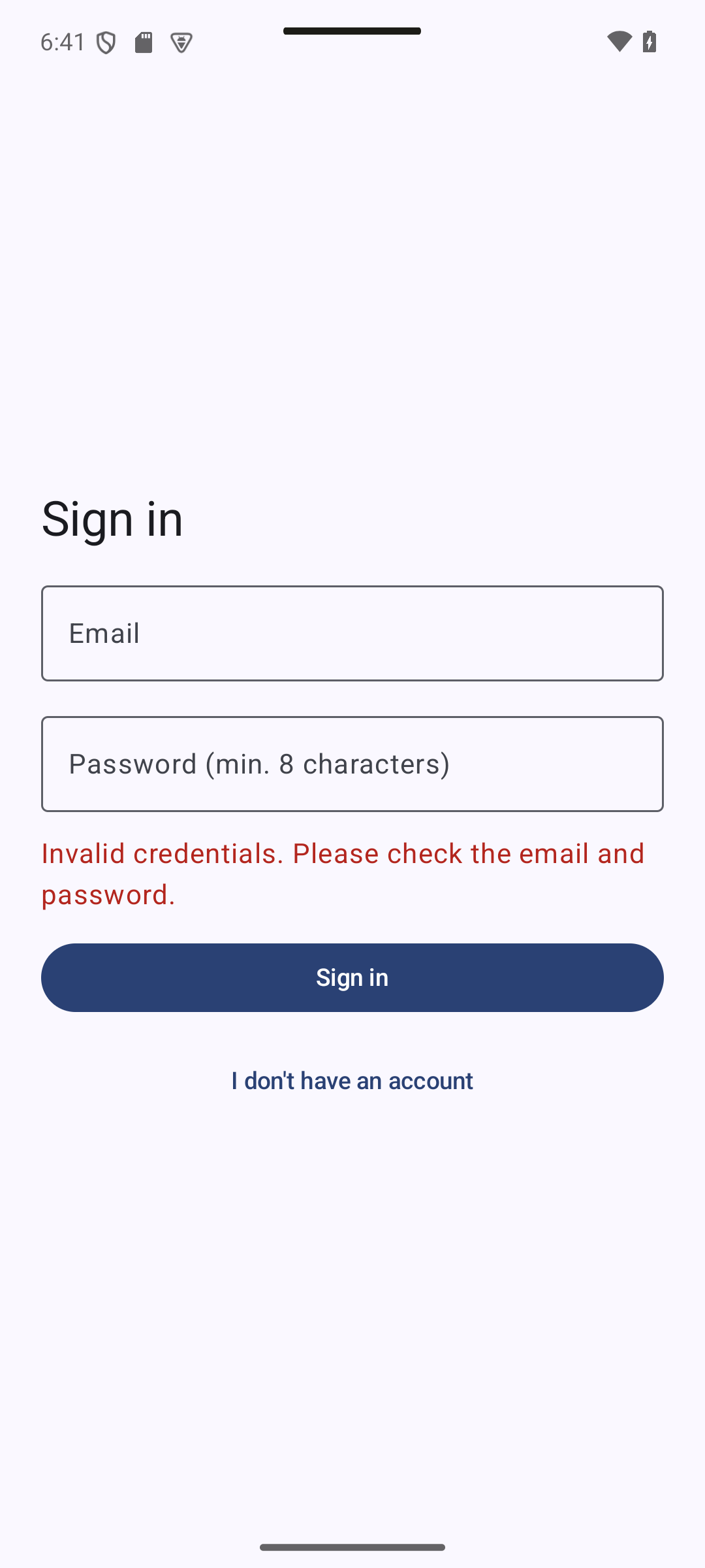 login error — 7.4 Login and Registration Screen