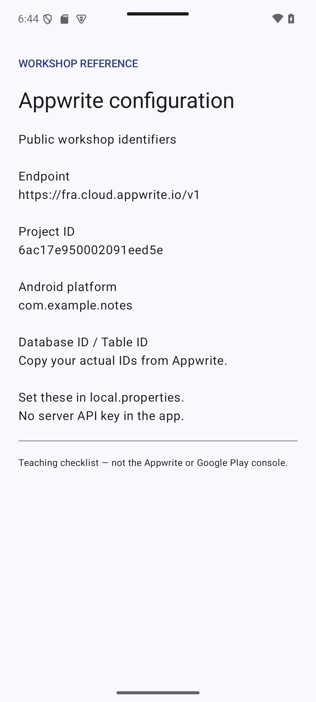 configuration — 6.2 Appwrite Project and Database Setup