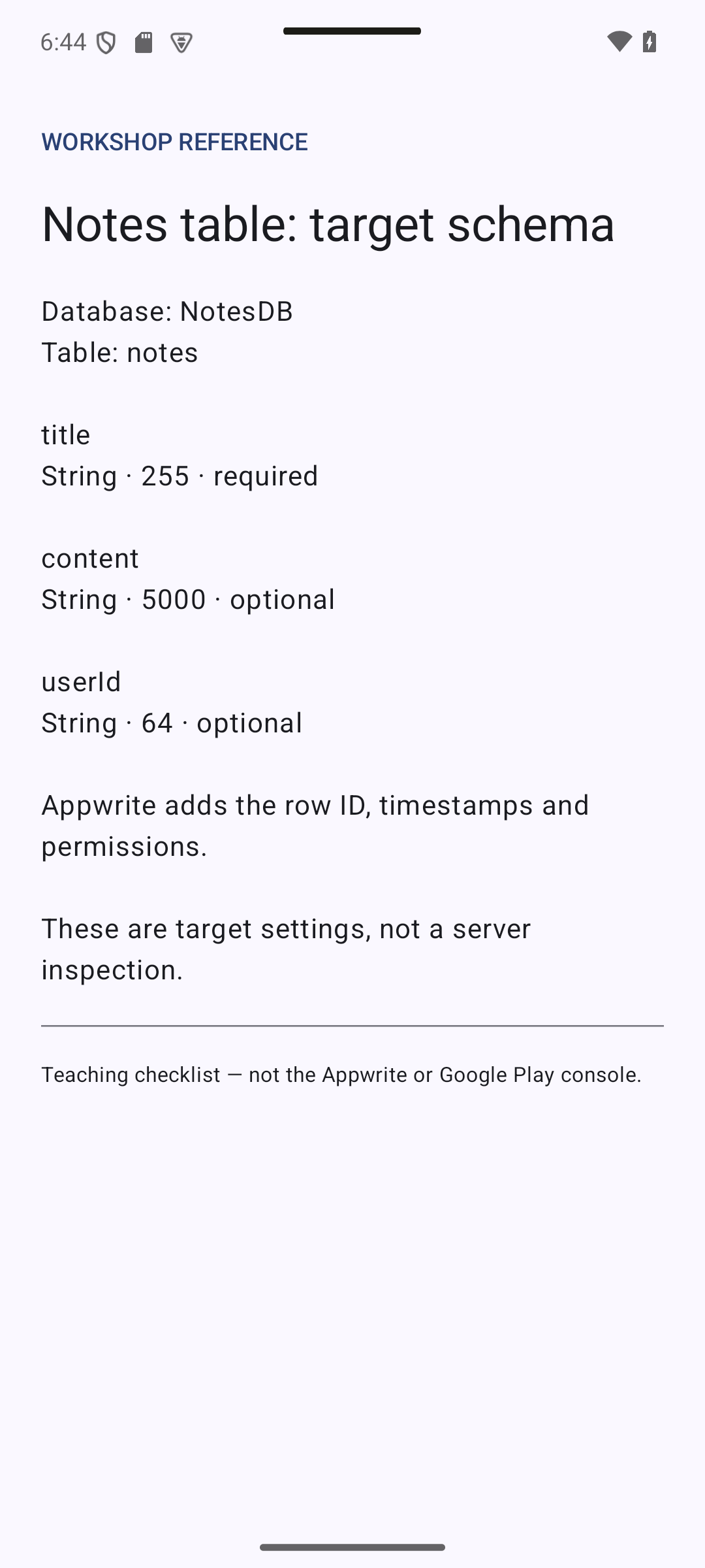 schema — 6.2 Appwrite Project and Database Setup