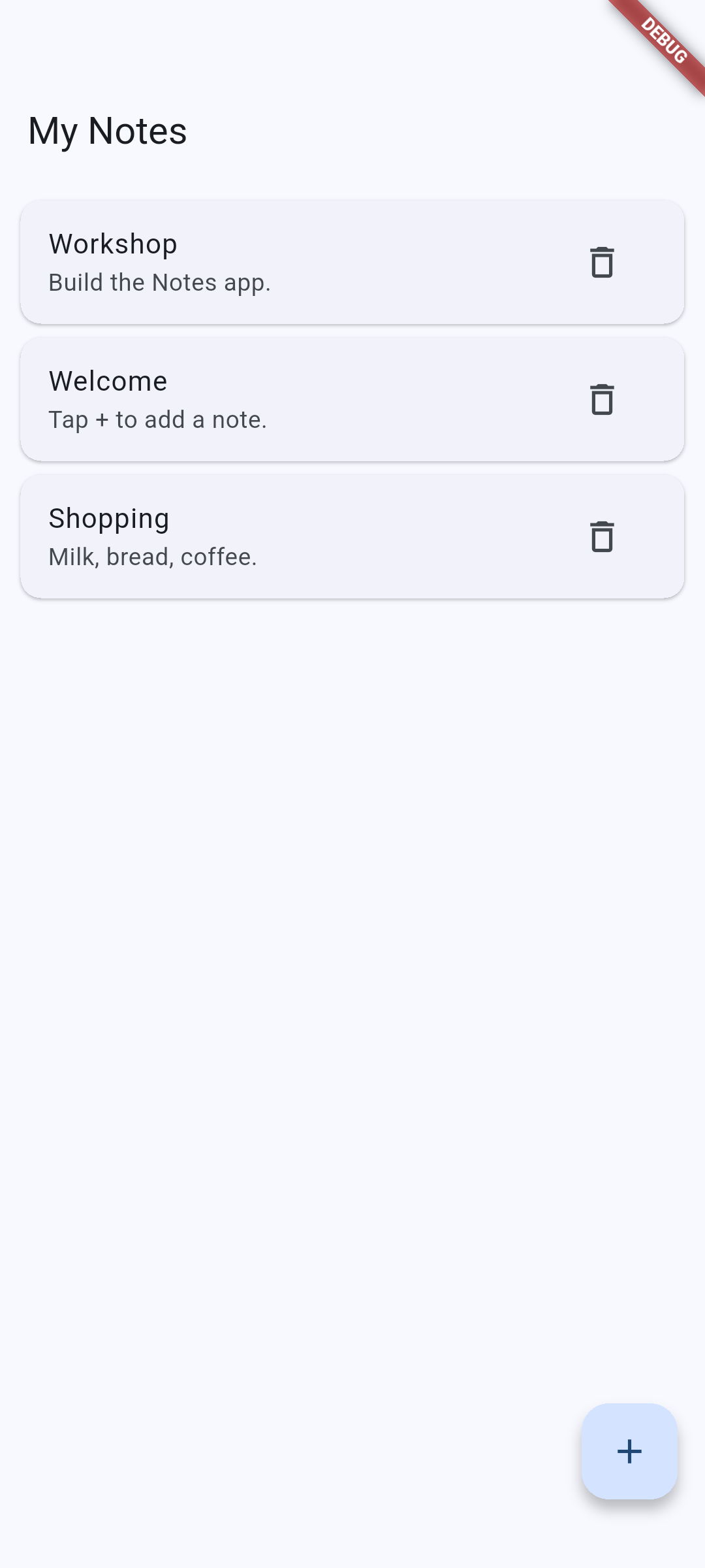 Flutter: Workshop appears after saving. Tap a note to edit it; the trash action removes it.