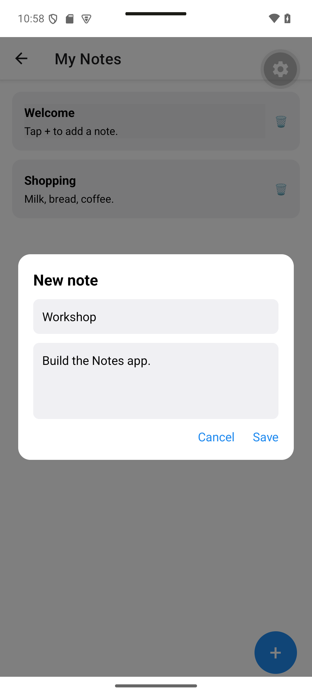 React Native: Enter a title and content, then save the new note.