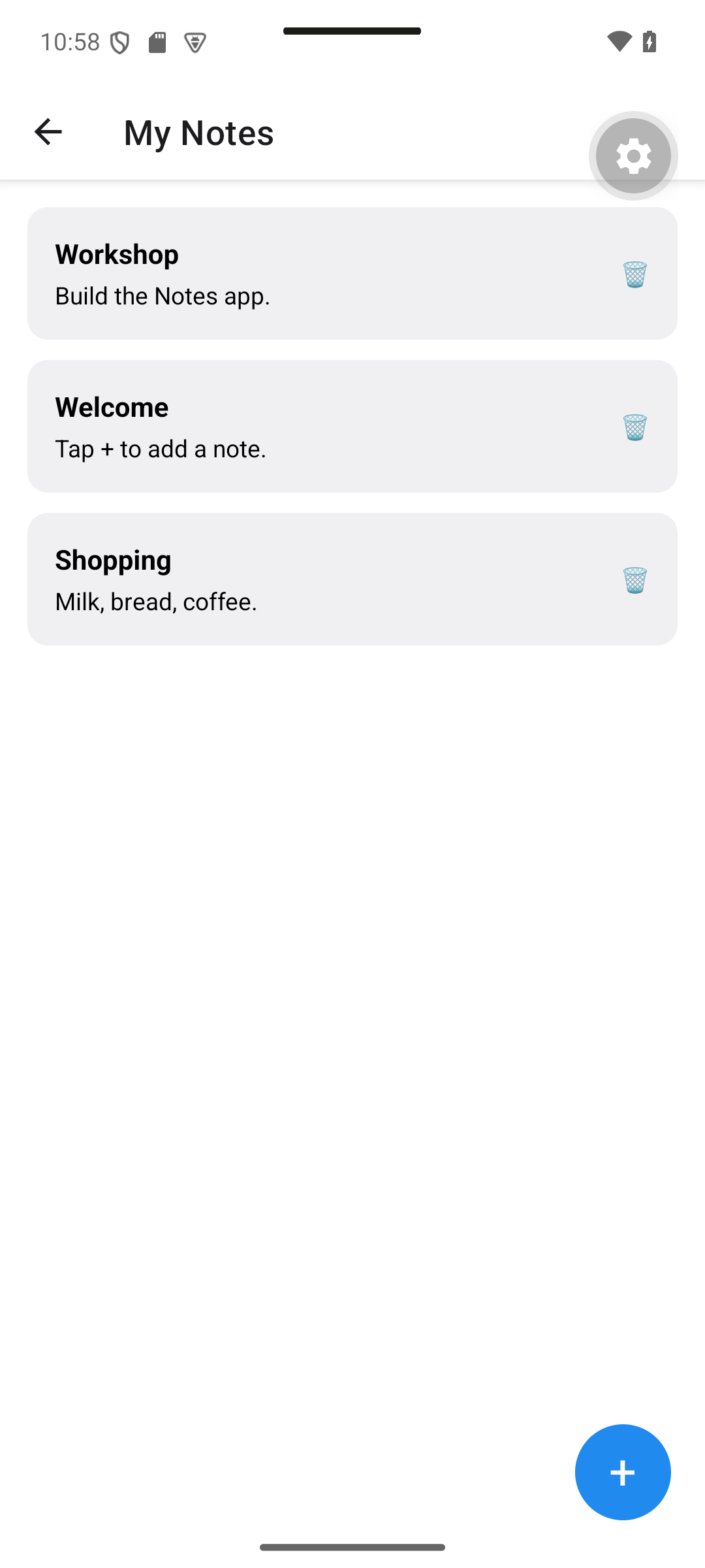 React Native: Workshop appears after saving. Tap a note to edit it; the trash action removes it.