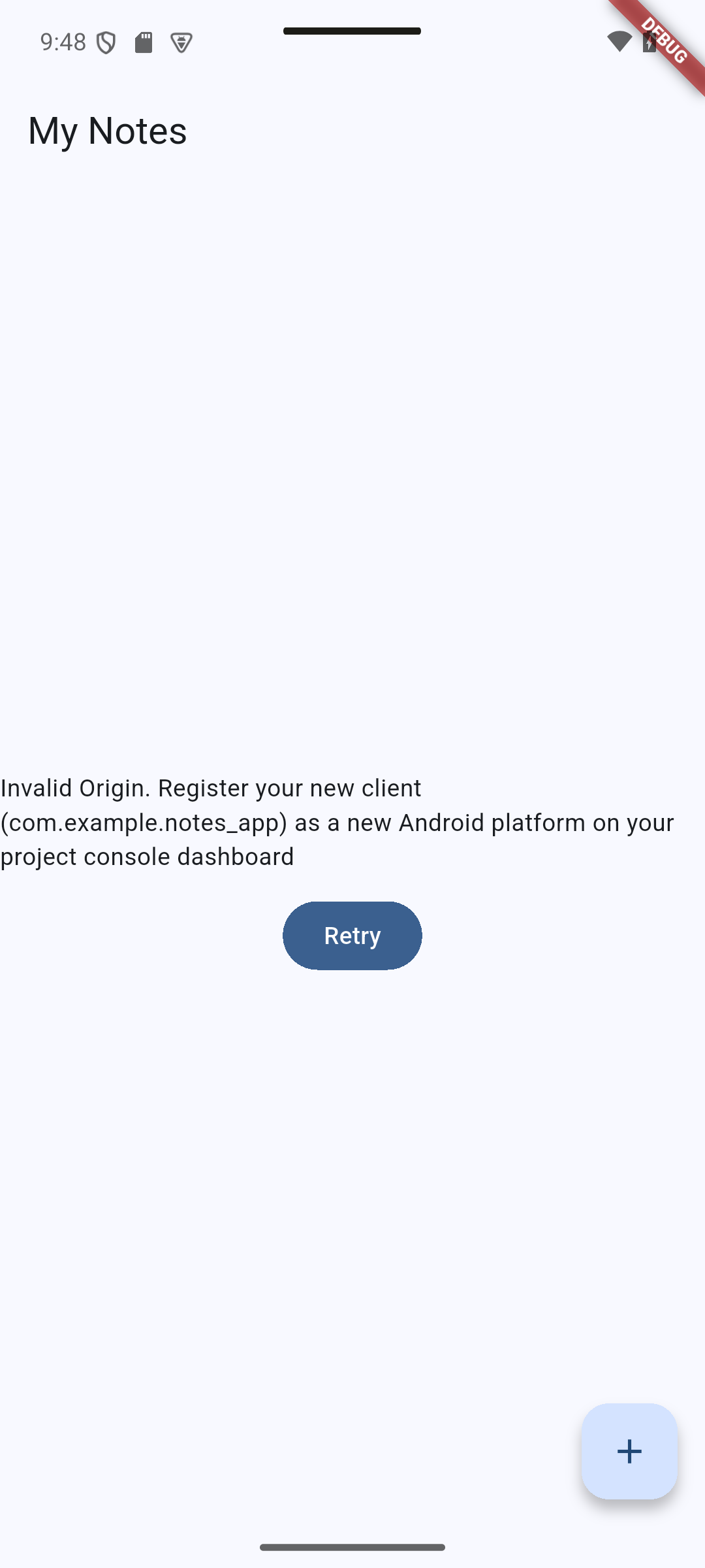 Flutter: An unregistered Android platform produces an Invalid Origin error and a Retry action.