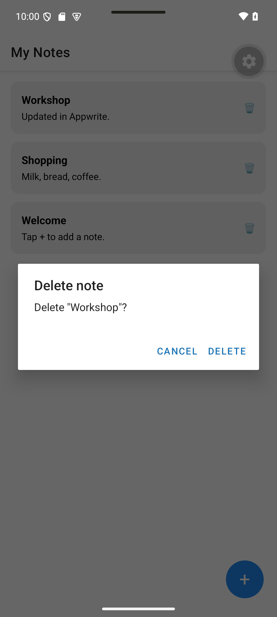 React Native: Deleting Workshop first asks for confirmation; Cancel keeps the note.