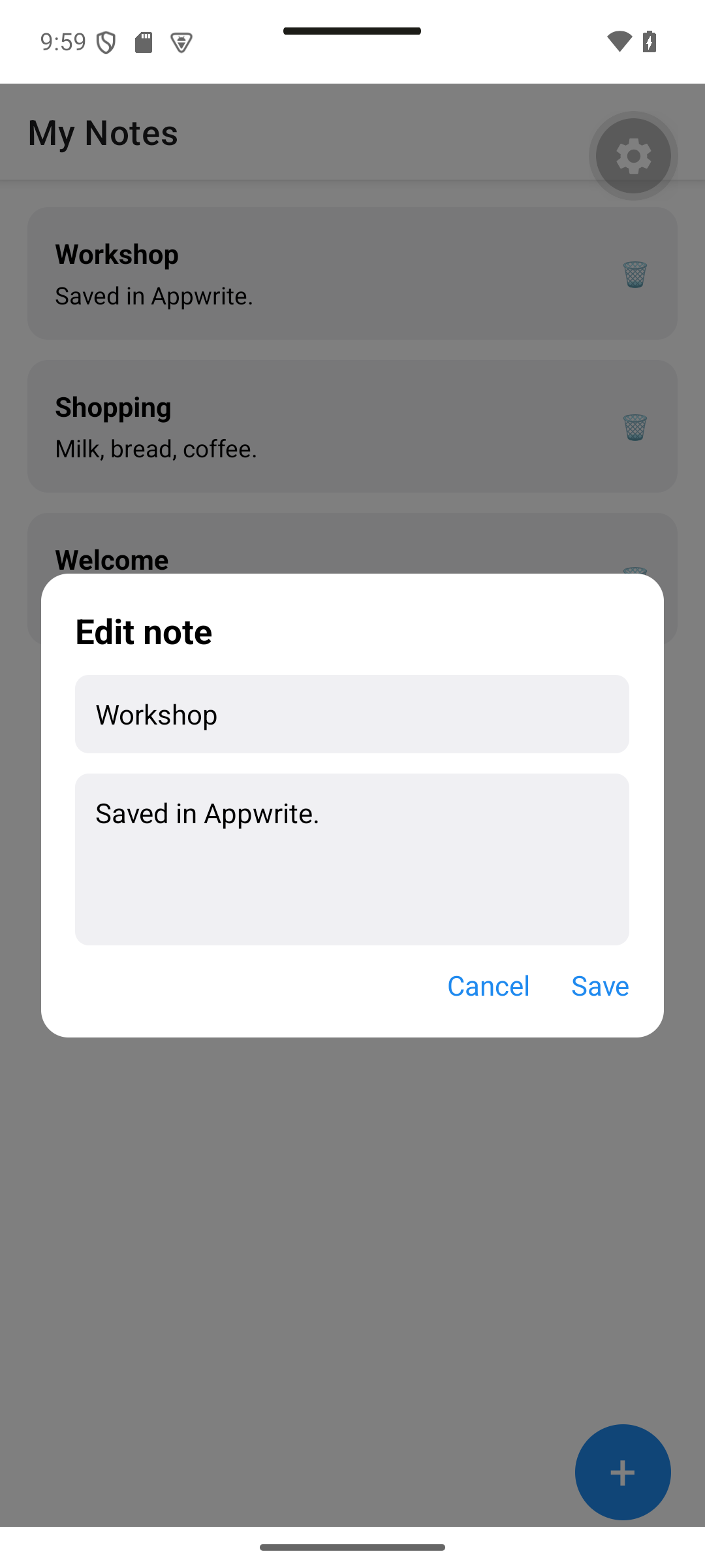 React Native: Tapping Workshop opens the existing title and content for editing.