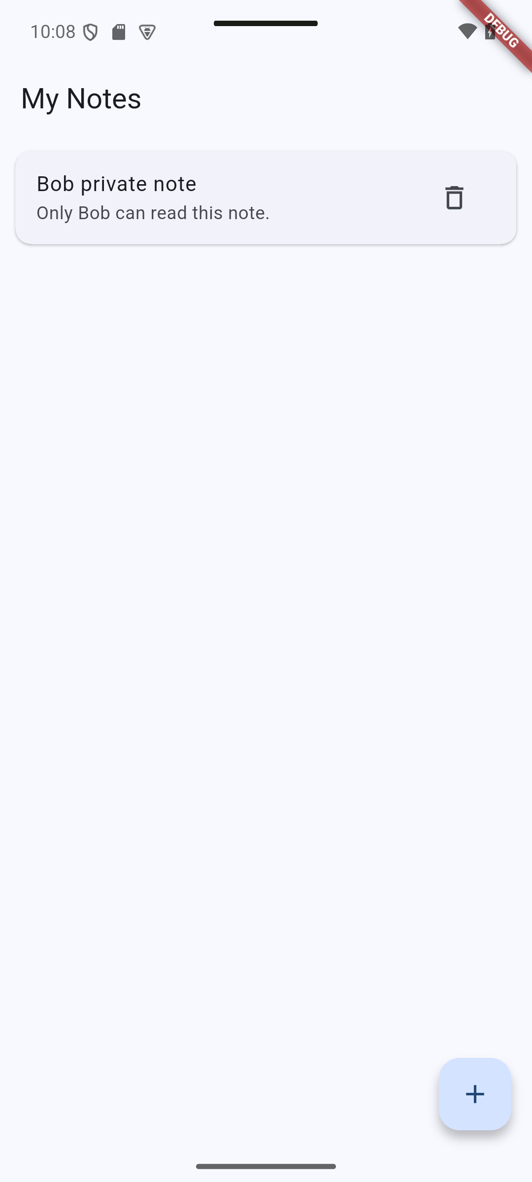 Flutter: After switching accounts, Bob sees Bob private note and no Alice note.