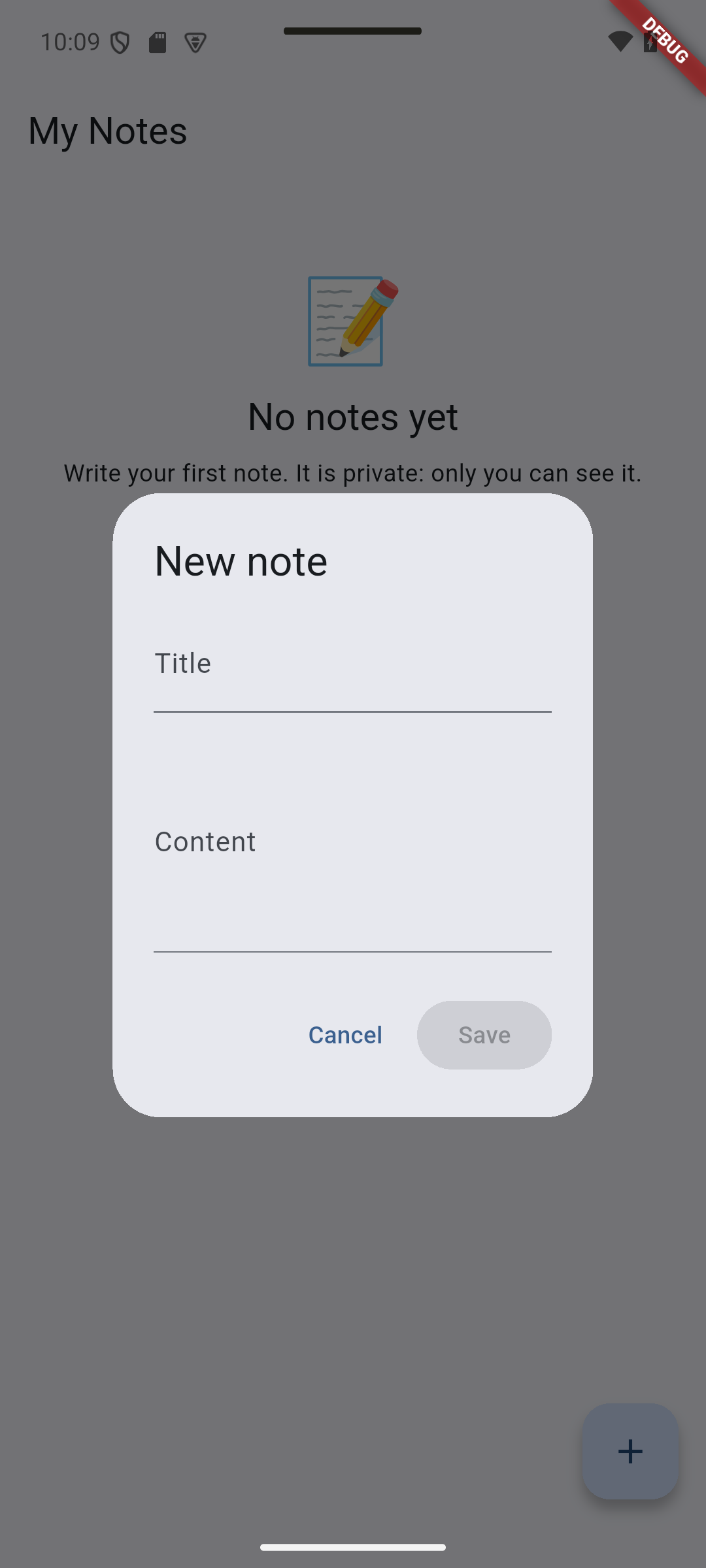 Flutter: Create a note opens the same creation form from the empty state.
