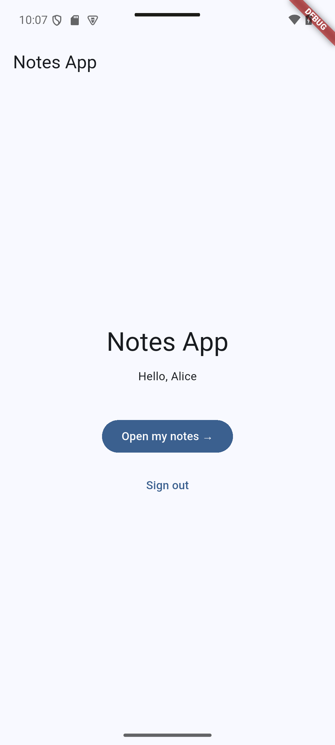 Flutter: After sign-in, the Home screen greets Alice and offers Sign out.