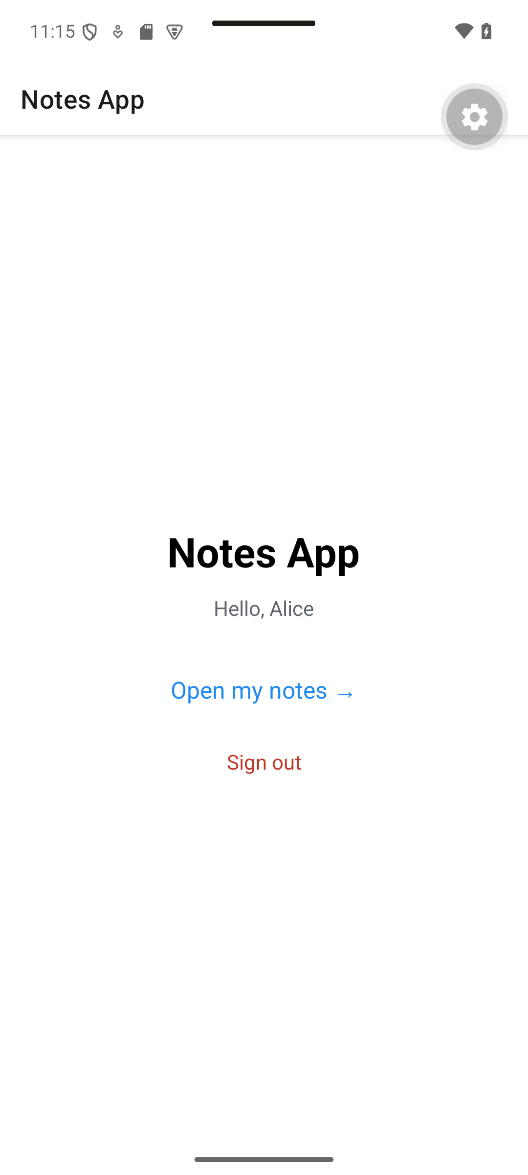 React Native: After sign-in, the Home screen greets Alice and offers Sign out.