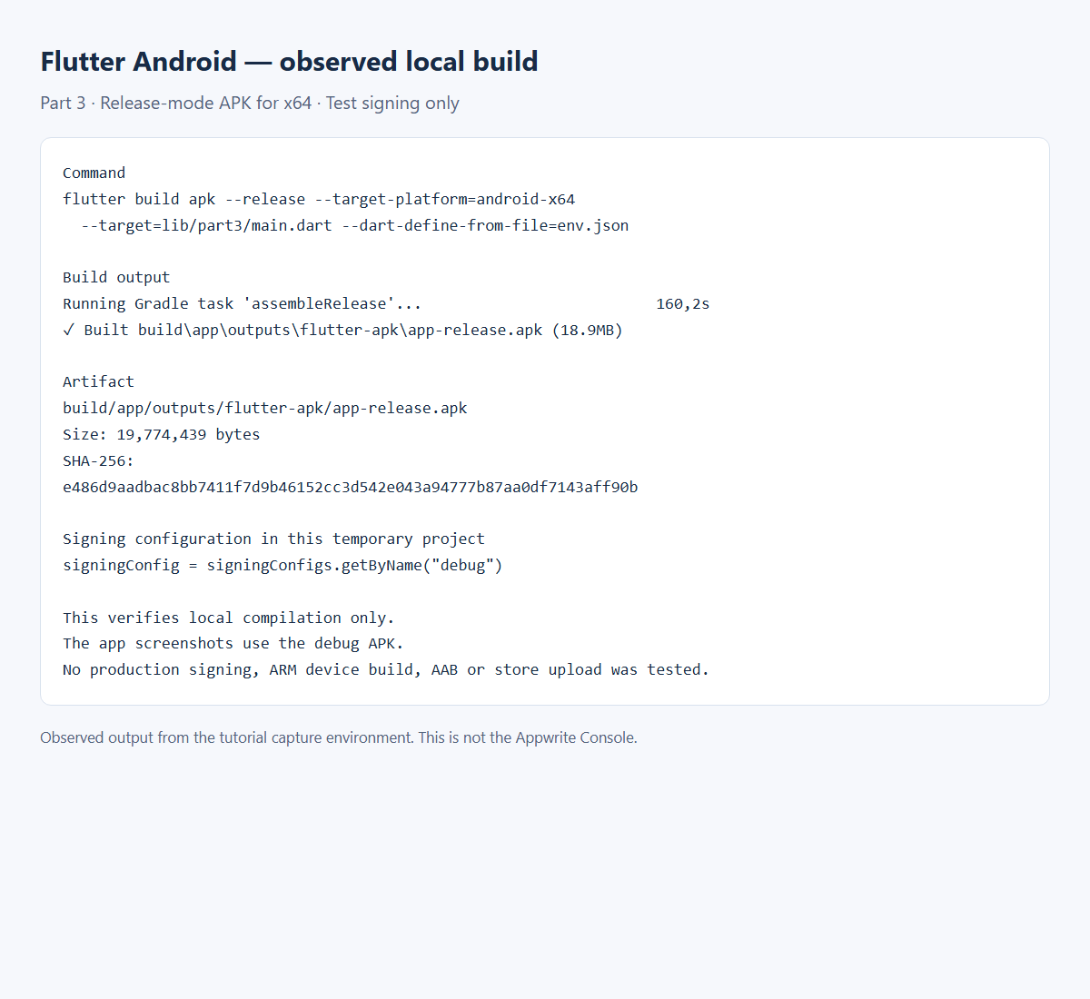A real local Flutter build produced an Android x64 release-mode APK.